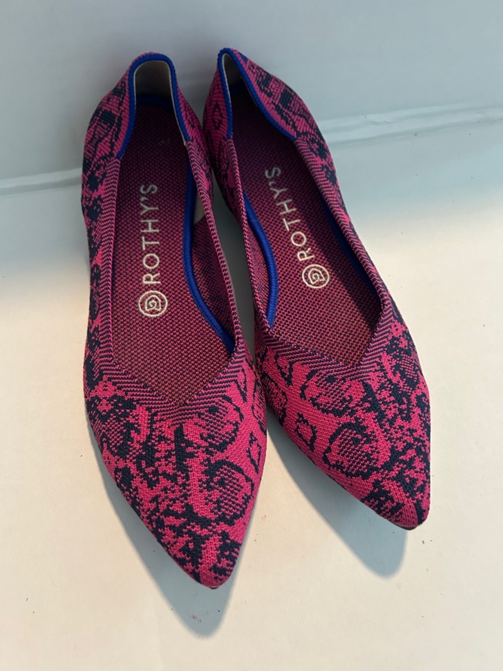 Rothy's Pink and Black Pointed Knit Flats with Blue Trim